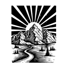 Fototapeta premium Serene mountain landscape with winding river and sunrise.