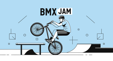 Naklejka premium Bicycle Rider Performs Stunt Against Light Blue Backdrop: BMX Jam Illustration