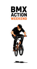 Naklejka premium BMX Action Weekend: Dynamic Illustration Of Rider Performing Stunt With Vivid Colors And Bold