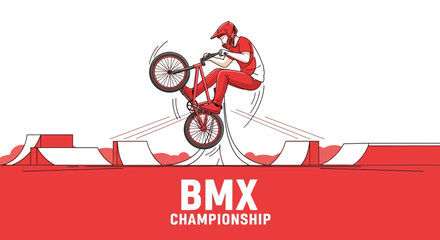 Naklejka premium BMX Championship Illustration Depicting Athlete Performing a Stunt on Red and White Background