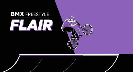 Naklejka premium BMX Freestyle Athlete Performing a Stunt, Black and Purple Graphic Design, Flair Concept