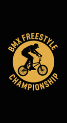 Naklejka premium BMX Freestyle Championship Silhouette: Gold Circle Emblem and Black Backdrop Design