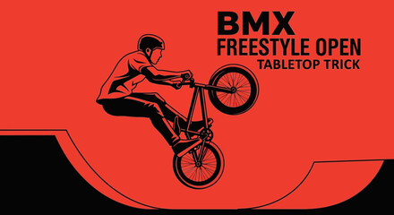 Naklejka premium BMX Freestyle Rider Performing A Tabletop Trick Silhouette Against Vibrant Red Backdrop
