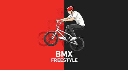 Naklejka premium BMX Freestyle Rider With Helmet Performing Stunts on Contrasting Red and Black Background