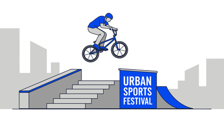 Naklejka premium BMX Rider Performing Stunt at Urban Sports Festival, Illustration Against Cityscape Background