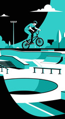 Naklejka premium BMX Rider Performing Stunt in a Modern Urban Skate Park Environment With Vibrant Colors