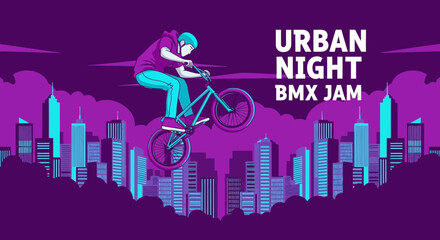 Naklejka premium BMX Rider Performing Stunt in City At Night, Artistic Vector Illustration Style