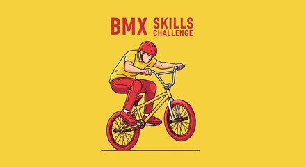 Naklejka premium BMX Rider Performing Stunt on Yellow Background Illustrating Sports Challenge Concept