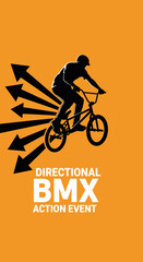 Naklejka premium BMX Rider Silhouette Performing Directional Action During Event with Orange Background Design