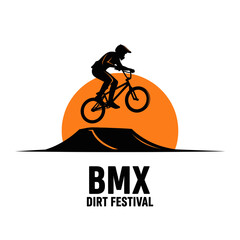 Naklejka premium BMX Rider Silhouetted Performing Airtime Over Dirt Jump Against Setting Sun Logo Design