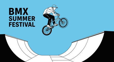 Naklejka premium BMX Summer Festival Illustration Featuring a Cyclist Performing an Aerial Stunt