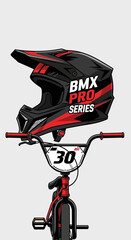 Naklejka premium Bold BMX Pro Series Helmet And Bike Illustration With Dynamic Red And Black Accents