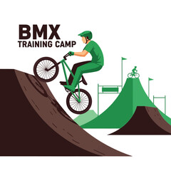 Naklejka premium BMX Training Camp: Energetic Cyclist Demonstrating Skillful Ramp Ascent and Bike Aerobatics