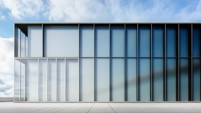 Modern building facade featuring intersecting geometric concrete panels and large glass windows, creating a minimalist architectural design against a bright blue sky with clouds