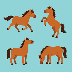 Set of Four Cartoon Horses in Different Poses.