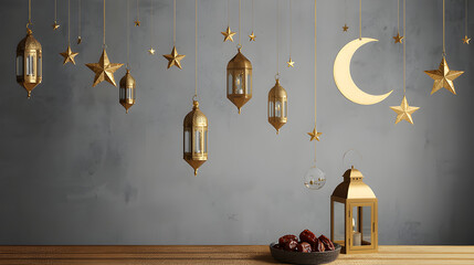 Elegant Ramadan and Eid background with golden lanterns, stars, crescent moon, and dates on a wooden table, symbolizing Islamic holidays and celebration.