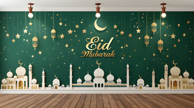 Luxurious Eid Mubarak Interior Scene with Golden Crescent Moon, Stars, and Mosque Silhouettes
