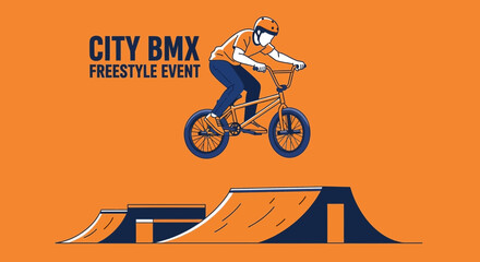 Naklejka premium City BMX Freestyle Illustration Depicting a Rider Performing a Stunt Over a Ramp on Orange