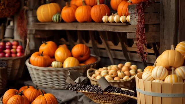 Rustic autumn market stall with pumpkins, apples and fresh harvest in baskets, cozy fall countryside scene