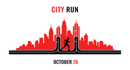 Fototapeta premium City Run Silhouette Featuring Runner and Red Skyline October Event Branding Design