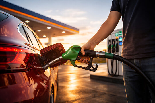 Man refueling red car at gas station during sunset with fuel nozzle in hand close-up view