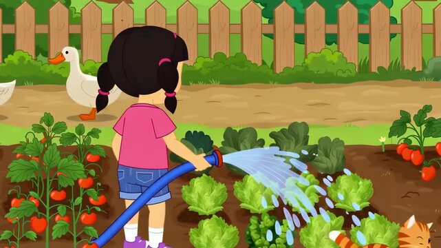 Animated young girl watering vegetable garden with tomatoes lettuce ducks and ginger cat in cartoon style
