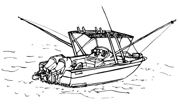 Twin-engine fishing boat with fishing rods. Waves are a separate object. Line ink drawing.