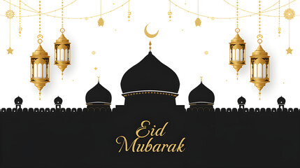 Elegant Eid Mubarak Greeting with Black Silhouette Mosque, Gold Lanterns, and Crescent Moon on White Background