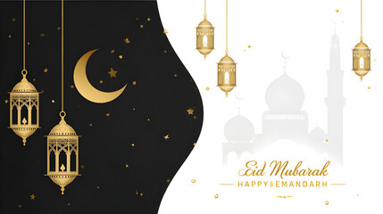 Festive Eid Mubarak Background with Dark Sky, Gold Crescent Moon, Stars, and Hanging Lanterns