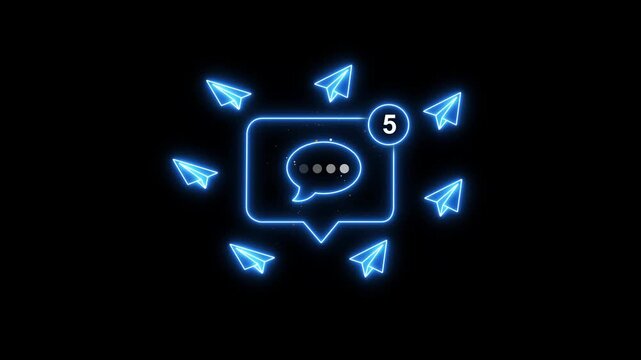 Glowing blue neon chat bubble with speech bubble and paper airplanes on black background for messaging app or notification concept
