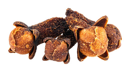 Close-up studio shot of several small, dried, brown, aromatic spice buds on a black background. Each bud has distinct rounded heads