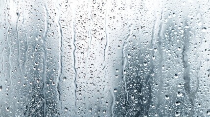 Obraz premium Raindrops flow down a clear wet surface of window glass against a pure white background, showing detailed water patterns