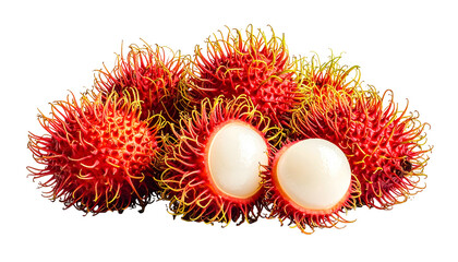 Close-up of several spiky red and yellow fruits with one halved, revealing the white flesh