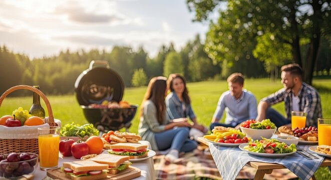 Family celebrating labor day with outdoor picnic and bbq