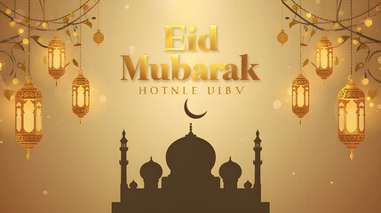 Golden Eid Mubarak Greeting with Mosque Silhouette, Hanging Lanterns, and Festive Lights