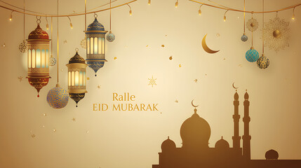 Vibrant Eid Mubarak Celebration with Mixed Color Lanterns, Gold Crescent Moon, Mosque Silhouette, and Confetti