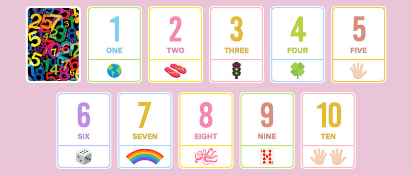Numbers 1 to 10 Flashcards for Kids Learning Counting with Colorful Educational Vector Cards. Illustrations and childhood education for print, preschool, homeschool, kindergarten, nursery, classroom.