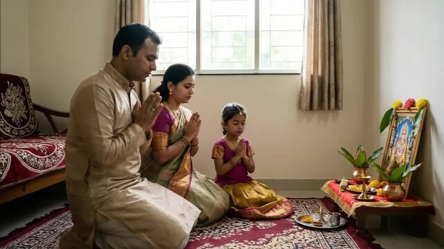Family prayer during Holi celebration with traditional attire, worshipping at home with decorations and offerings. Holi celebration reflects unity and family bonds in vibrant ritual setup.