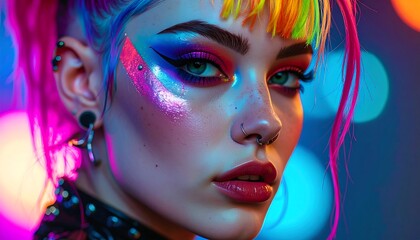 Naklejka premium Vibrant Portrait of a Woman with Rainbow Hair and Bold Makeup.
