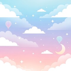 Dreamy Pastel Sky with Clouds, Stars, and Hot Air Balloons.
