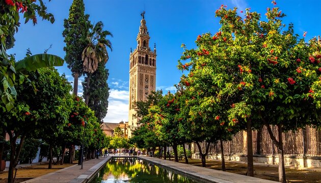 Seville Cathedral and Giralda Tower View from Patio de los Naranjos.
