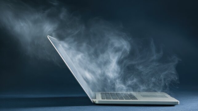 Laptop overheating with smoke emitting from its screen on a gradient background