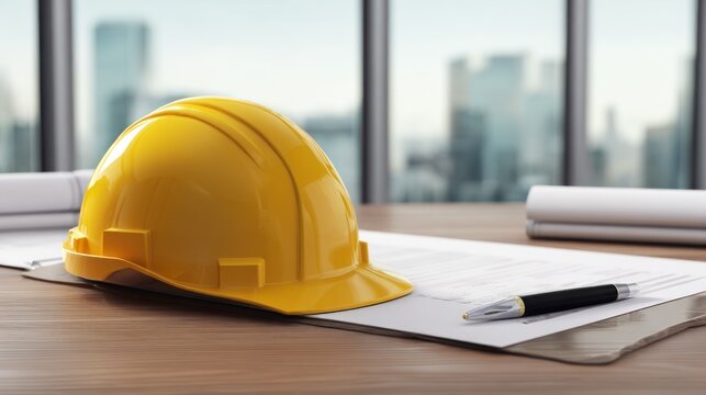 Yellow construction helmet on desk with documents and pen in office setting