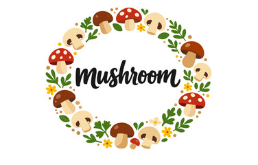 Naklejka premium Colorful mushroom wreath with flowers and leaves