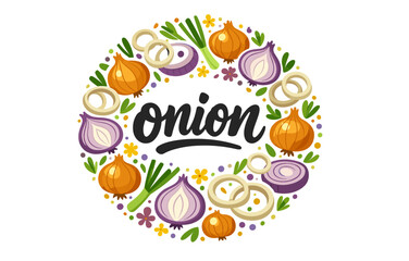 Fototapeta premium Colorful onion variety design with sliced, whole, and purple onions