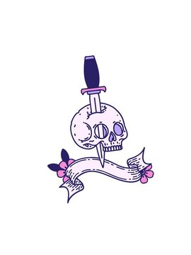 attention grabbing animation of cartoon of a traditional tattoo with banner of a skull