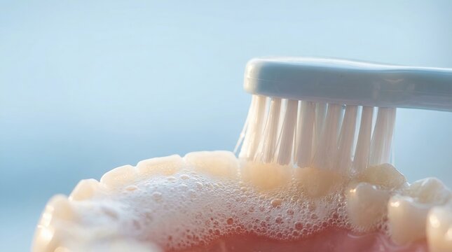 Electric toothbrush brushing front teeth with white foam forming micro-bubbles on enamel
