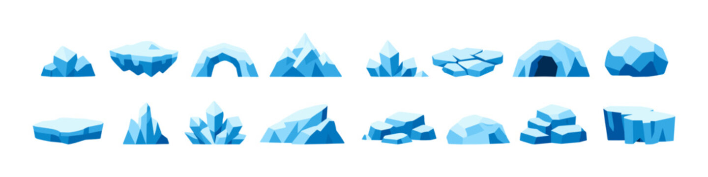 Collection of various blue iceberg and glacier illustrations on white background