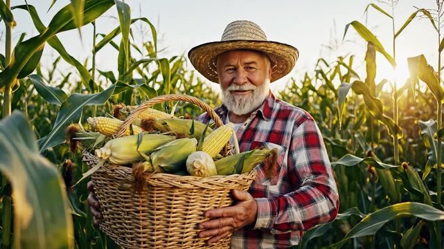 Farmer with harvested corn in field