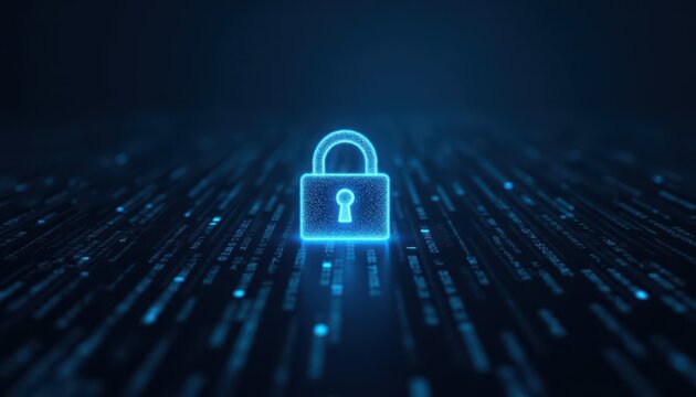 Digital padlock glowing on computer code background. Cyber security and data protection concept.